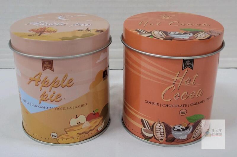 NEW CACALOM Scented Soy Candle Lot: Apple Pie & Hot Cocoa, 9oz, 50hr Burn, Decorative Tin, Full