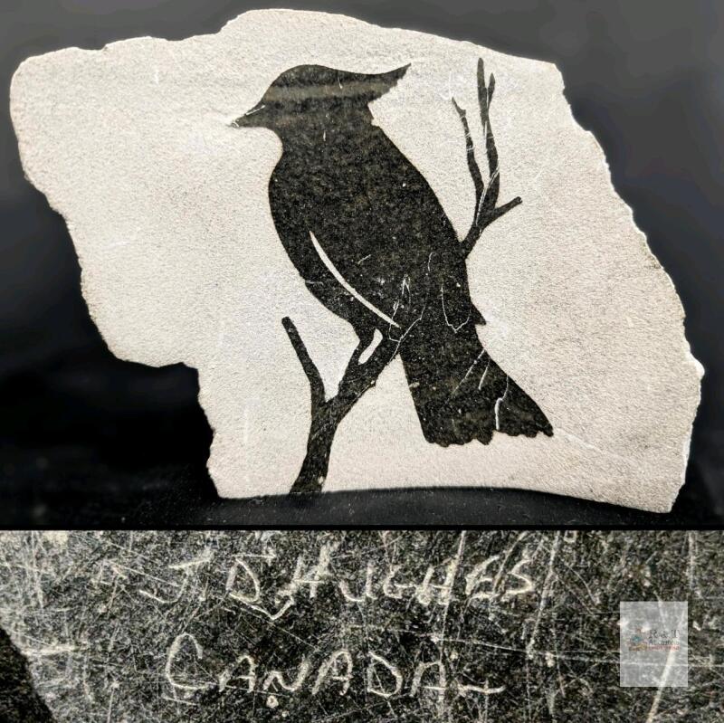 Canadian Slate Art Plaque by B. Hughes &ndash; Bird Silhouette Engraving, 10"x6", Free-Standing, Signed