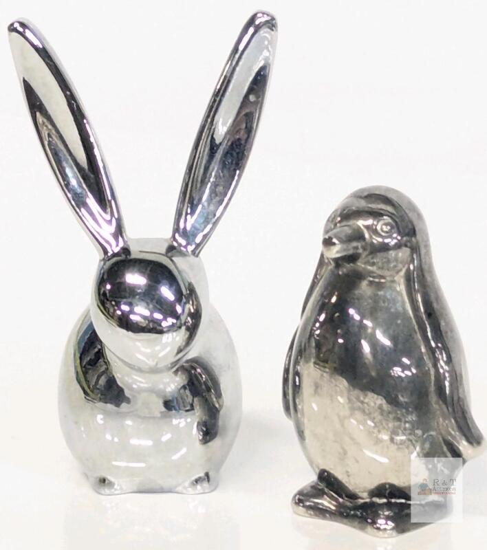 Silver Polished Metal Rabbit and Penguin Figurines &ndash; 5.9" & 3.5" Tall, Decorative Pair