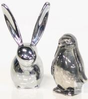 Silver Polished Metal Rabbit and Penguin Figurines &ndash; 5.9" & 3.5" Tall, Decorative Pair