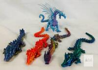 Set of 5 Fantasy Dragon Figures: 4 Articulated 3D-Printed Crystal Dragons + 1 Winged Dragon Figure