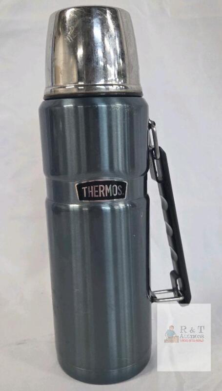 Thermos Classic Vacuum Bottle, 32oz, Stainless Steel, Black Handle, Silver Cup Lid
