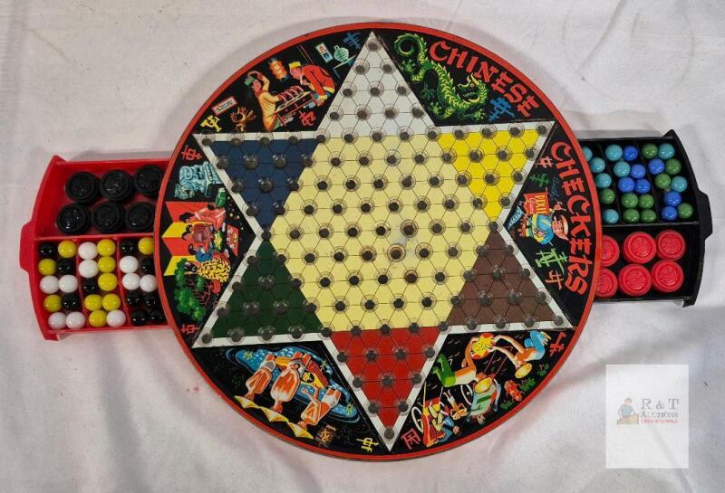 Vintage Steven Manufacturing Pixie Game 16" Metal Chinese Checkers & Checkers Board, Trays, Marbles