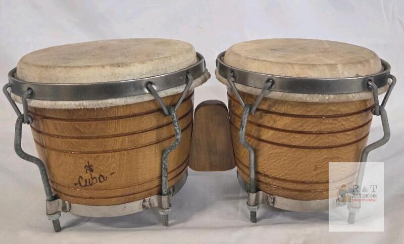 Vintage Cuban Wood Bongo Drums, 6.5&rdquo; & 8&rdquo; Heads, Natural Finish, Metal Hardware, "Cuba" Marked- fair to poor condition