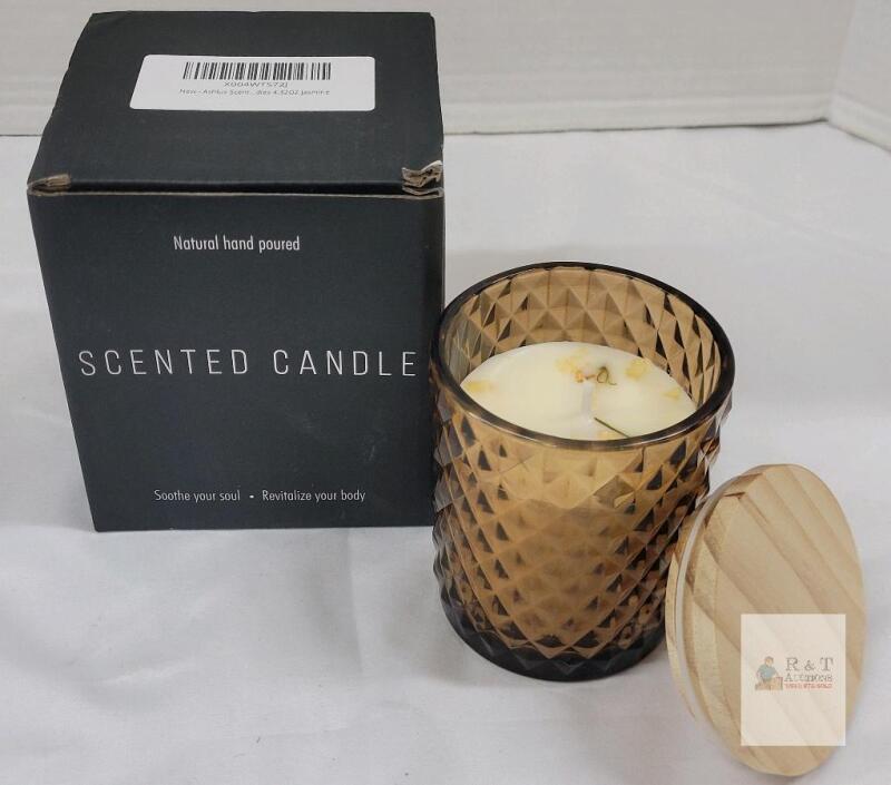 NEW Ashlux Jasmine Scented Candle, 4.23oz 100% Soy Wax, Brown Faceted Glass with Wooden Lid