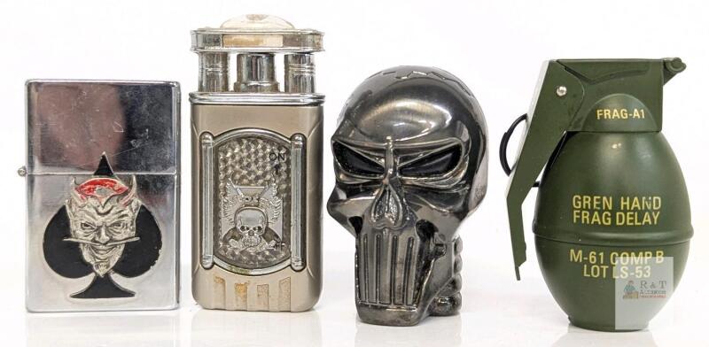 Vintage Metal Skull Wing Butane Flip Top Lighter &ndash; Silver, Refillable, Biker Motif, 2.7"all spark, some do generate flame