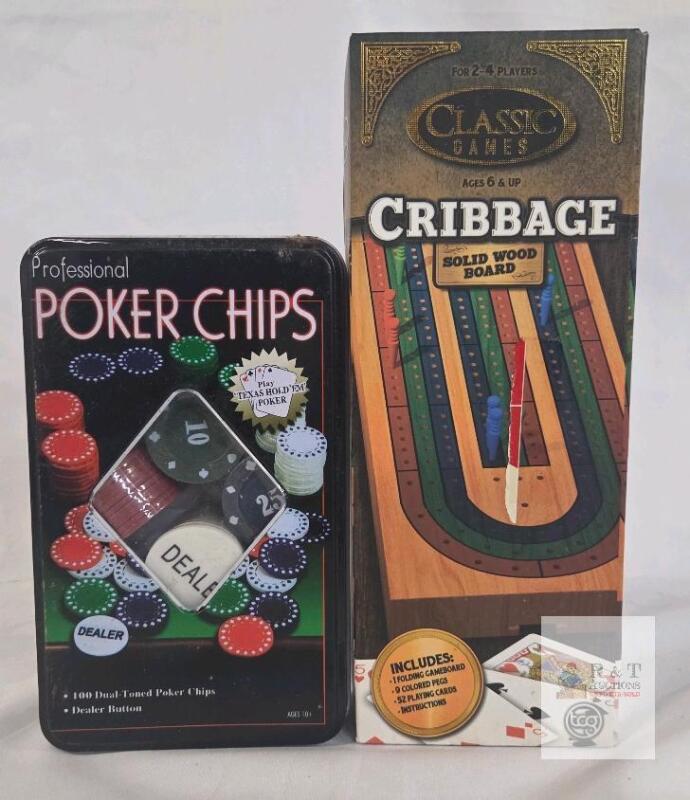 Classic Games Cribbage Solid Wood Board with 100 Dual-Toned Poker Chips & Dealer Button