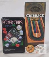 Classic Games Cribbage Solid Wood Board with 100 Dual-Toned Poker Chips & Dealer Button