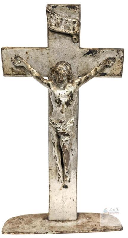 Vintage 10" HEAVY Metal Standing Crucifix, Silver Finish, INRI, D1 Stamped Base, Altar/Desk Cross