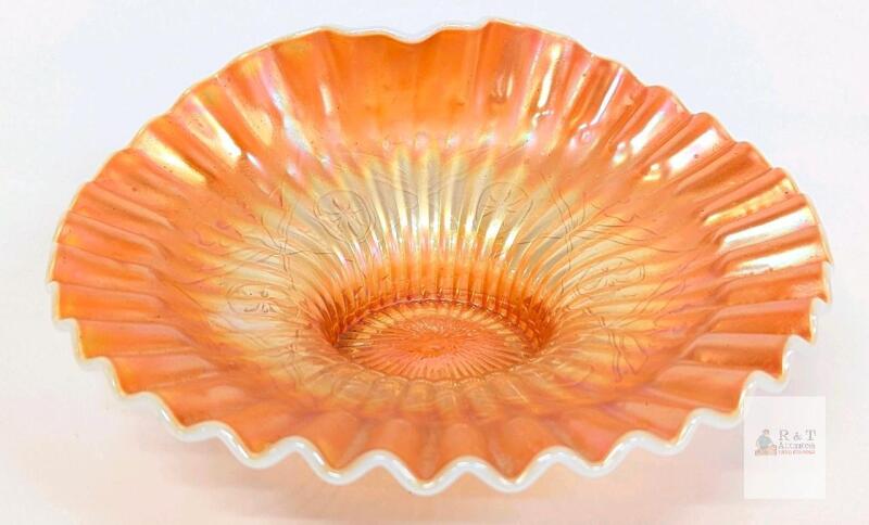 Carnival Glass 11" Ruffled Bowl Marigold Opalescent, Ribbed Star & Floral Design, ca. 1910-1930 USA
