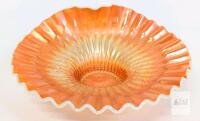 Carnival Glass 11" Ruffled Bowl Marigold Opalescent, Ribbed Star & Floral Design, ca. 1910-1930 USA