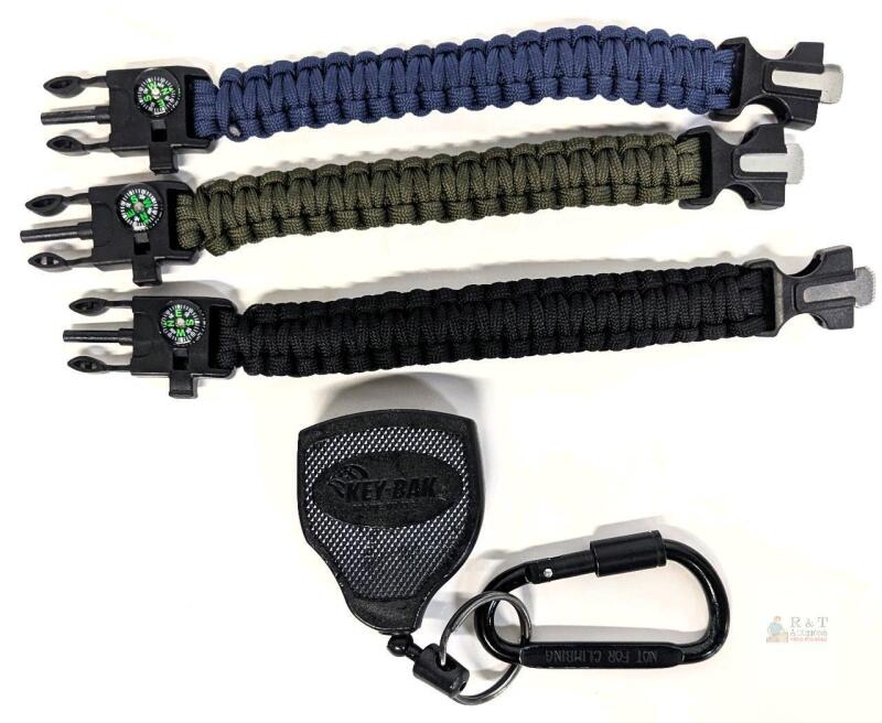 Key-Bak OMUKY Carabiner Retractable Keychain & 3 Paracord Survival Bracelets with Compass, Fire Starter, Whistle