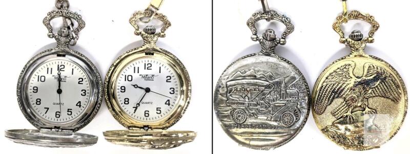 Milano Expressions Quartz Pocket Watches, Silver/Gold Tone, Chains, Mercedes 1908 & Eagle Covers