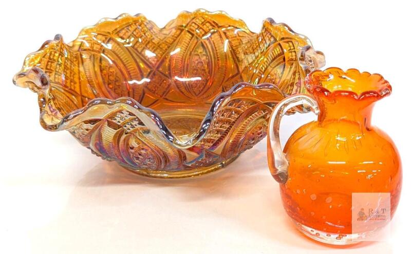 Marigold Carnival Glass Ruffled Bowl 10" & Hand Blown Orange Art Glass Pitcher Set