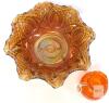 Marigold Carnival Glass Ruffled Bowl 10" & Hand Blown Orange Art Glass Pitcher Set - 2