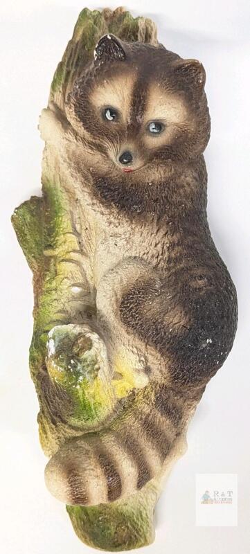 Hand-Painted Ceramic Raccoon Wall Plaque 12" Signed "Lea 83" Figurine Hanging Decor