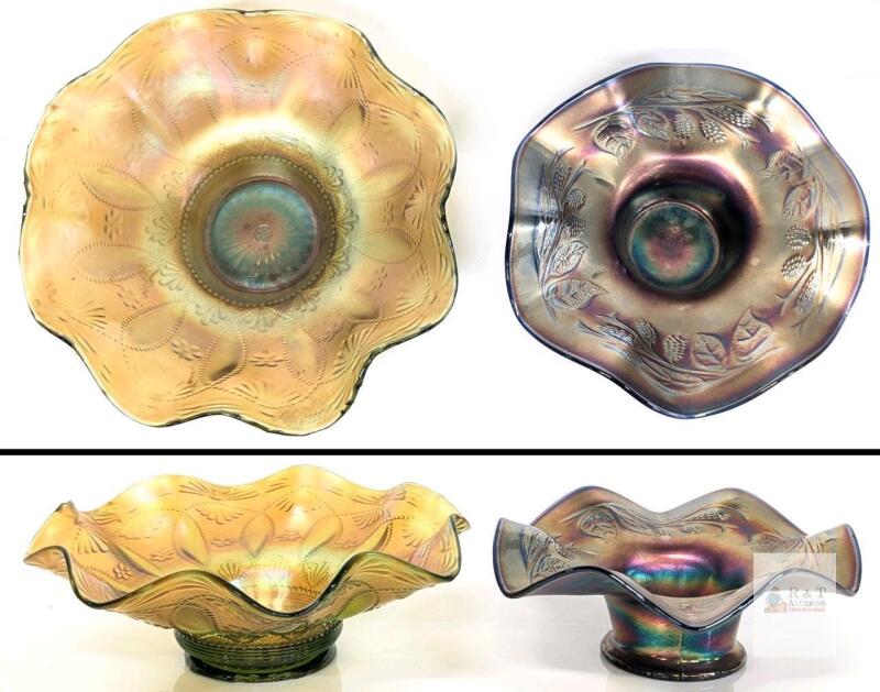 Northwood Carnival Glass Bowls, Leaf & Beads Marigold and Grape & Cable Amethyst, Ruffled, Marked