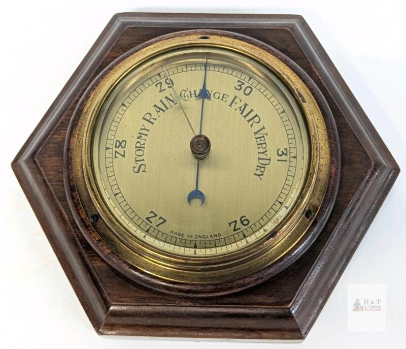 Vintage English Aneroid Wall Barometer, Brass & Wood Hexagonal Case, 26&ndash;31 inHg Scale