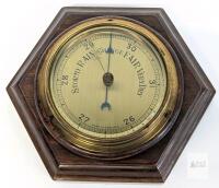 Vintage English Aneroid Wall Barometer, Brass & Wood Hexagonal Case, 26&ndash;31 inHg Scale