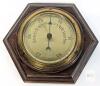 Vintage English Aneroid Wall Barometer, Brass & Wood Hexagonal Case, 26&ndash;31 inHg Scale