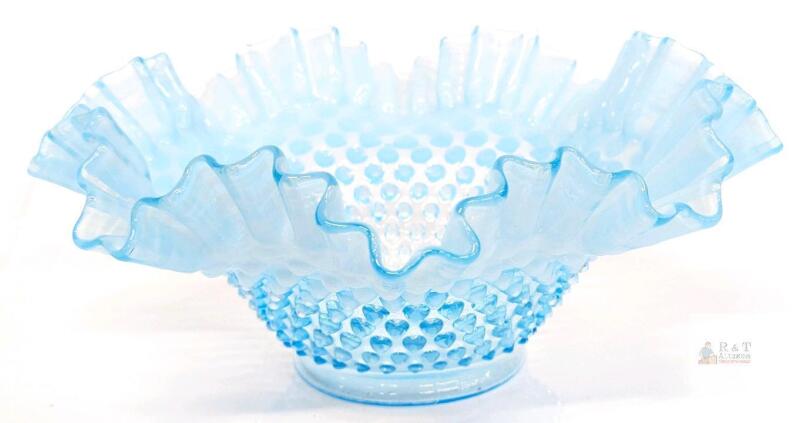 Fenton Blue Opalescent Hobnail Ruffled 10" Art Glass Bowl, 1940s-1950s, USA, Opalescent Edge