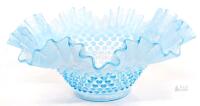 Fenton Blue Opalescent Hobnail Ruffled 10" Art Glass Bowl, 1940s-1950s, USA, Opalescent Edge
