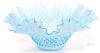 Fenton Blue Opalescent Hobnail Ruffled 10" Art Glass Bowl, 1940s-1950s, USA, Opalescent Edge