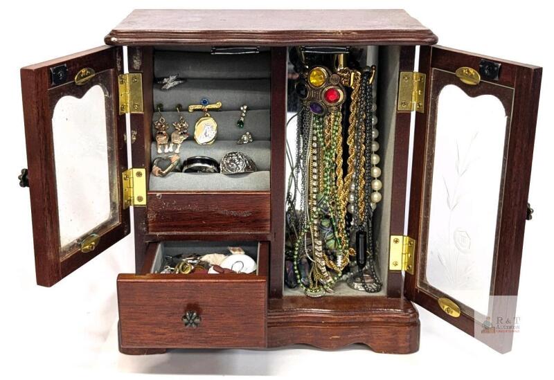Large Vintage Wooden Jewelry Box withJewelry Pieces, Earrings, Rings & Necklaces