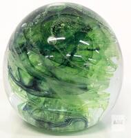 Green Swirl Solid Glass Art Paperweight, 3-Inch Diameter, Flat Base, Decorative Collectible
