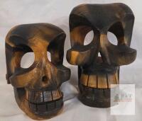 Pair of Hand-Carved Wooden Skull Figurines &ndash; Folk Art, 5.5" & 4.5" Burnt Finish, Decorative
