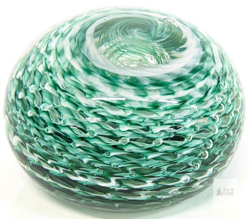 Hand-Blown Green Art Glass Swirl Paperweight, 3.75&rdquo; Diameter, 2.75&rdquo; Tall, Controlled Bubble Design
