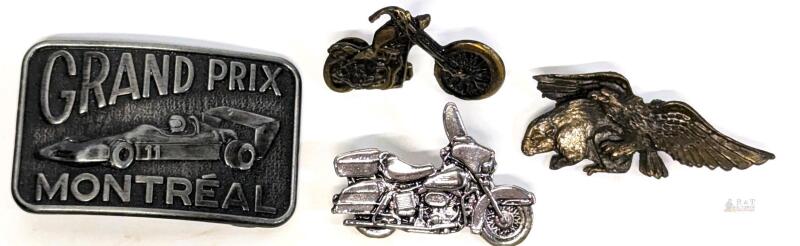Grand Prix Montr&eacute;al Belt Buckle & Motorcycle Pins Set, Metal, Canada Marked, Vintage Motorsports