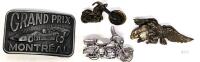 Grand Prix Montr&eacute;al Belt Buckle & Motorcycle Pins Set, Metal, Canada Marked, Vintage Motorsports