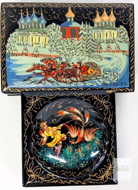 Russian Lacquer Boxes Hand-Painted Palekh Folk Art 5.25"x4" & 4"x4", Signed, Red Interior