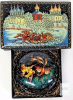 Russian Lacquer Boxes Hand-Painted Palekh Folk Art 5.25"x4" & 4"x4", Signed, Red Interior