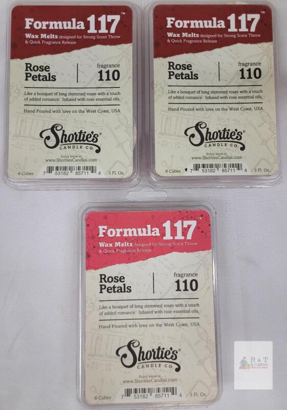 Shortie's Candle Co. Formula 117 Rose Petals Wax Melts, 3 Packs, 18 Cubes, Strong Scent Throw