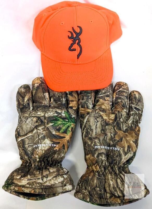 AS NEW Browning Blaze Orange Hunting Cap & Field & Stream RealTree EDGE Insulated Gloves Set, Adult Size