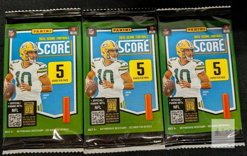 2025 Panini Score Football NFL Cards, 3 Gravity Feed Packs, 5 Cards Each, Jordan Love Cover