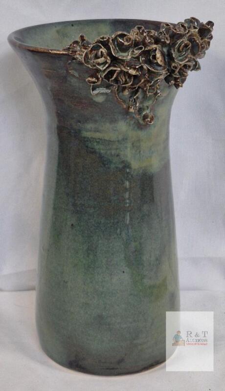 Studio Pottery Vase 10.5" Green Glazed Ceramic, Sculpted Floral Rim, Artist Signed Base
