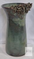 Studio Pottery Vase 10.5" Green Glazed Ceramic, Sculpted Floral Rim, Artist Signed Base