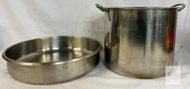 Commercial Stainless Steel Stock Pot 60 Qt & 18.5" Braising Pan Set Heavy Duty Kitchen moderate scratches and burn marks, intended for commercial or industrial use.