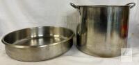 Commercial Stainless Steel Stock Pot 60 Qt & 18.5" Braising Pan Set Heavy Duty Kitchen moderate scratches and burn marks, intended for commercial or industrial use.