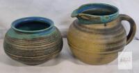 Signed Studio Pottery Jug & Bowl Set, 5.5&rdquo; Pitcher, Blue-Green Glaze, Stoneware, D/S Mark