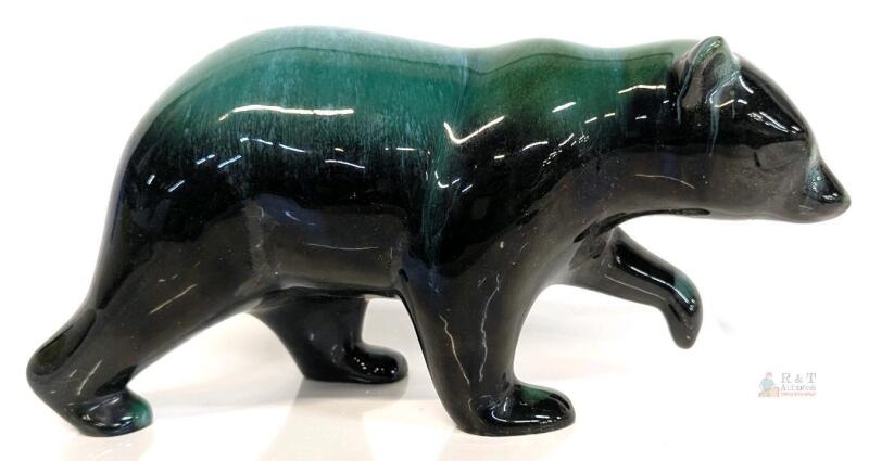 10-Inch Glossy Green Black Ceramic Bear Figurine, Glazed Pottery Animal Statue