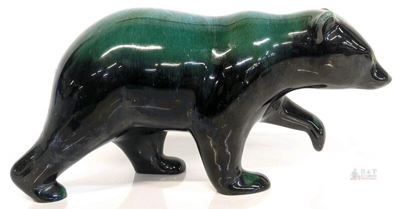 Green Black Ceramic Bear Figurine, Glossy Drip Glaze, 11" Long Vintage USA Pottery Sculpture