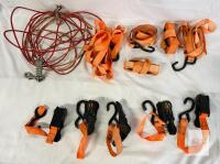 MIXED LOT 1"x15' Ratchet Tie Down Strap Set w/S-Hooks + 20' Dog Tie-Out Cable, Mixed Lot