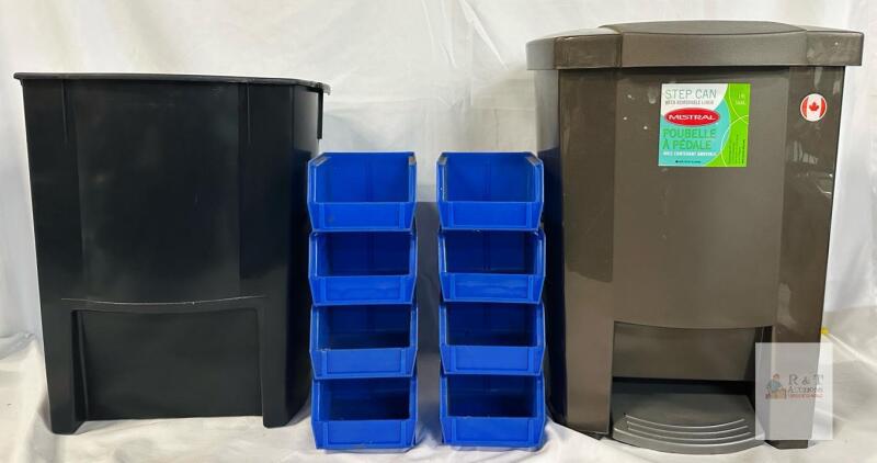 Mistral 19L Step Can Pedal Trash Bin With Removable Liner & 8 Blue Stackable Storage Bins-