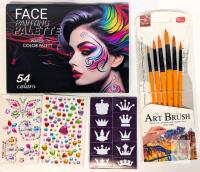 NEW 54 Color Water-Based Face Painting Palette Kit with Brushes, Glitter, Stickers & Stencils
