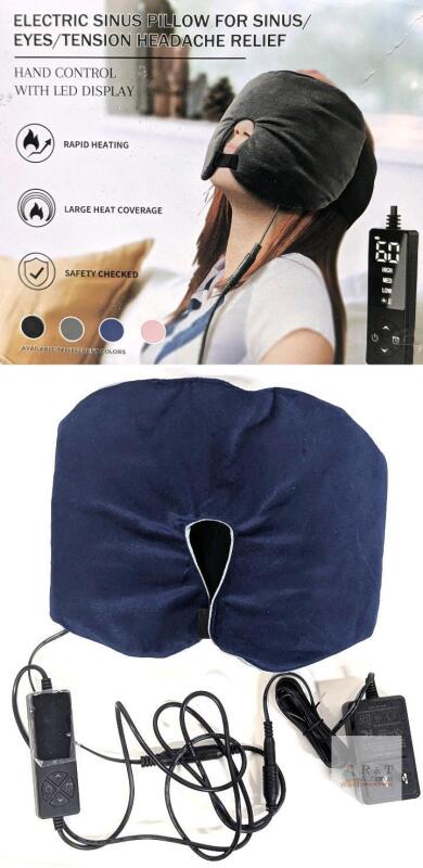 Electric Sinus Pillow with Handheld LED Controller, 3 Heat Settings, Navy Blue, Adapter Included