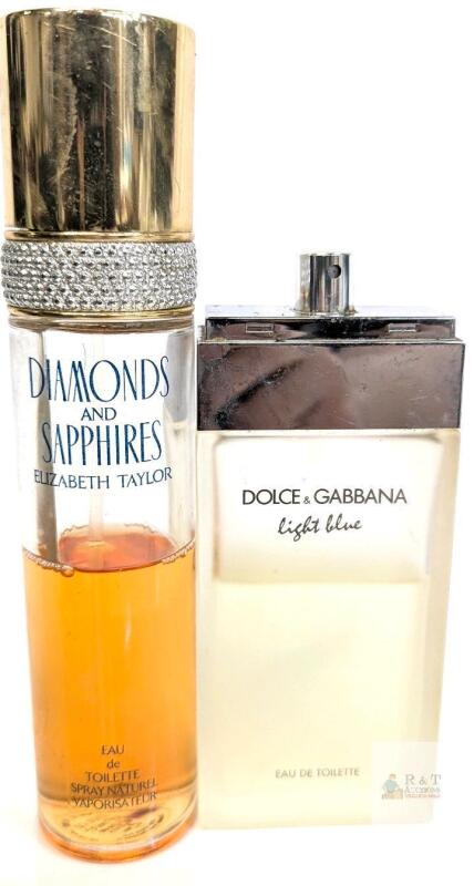 Elizabeth Taylor Diamonds & Sapphires 3.3oz + D&G Light Blue 3.3oz Eau de Toilette BottlesVolumes lower than listed on bottles, likely past any best before dates